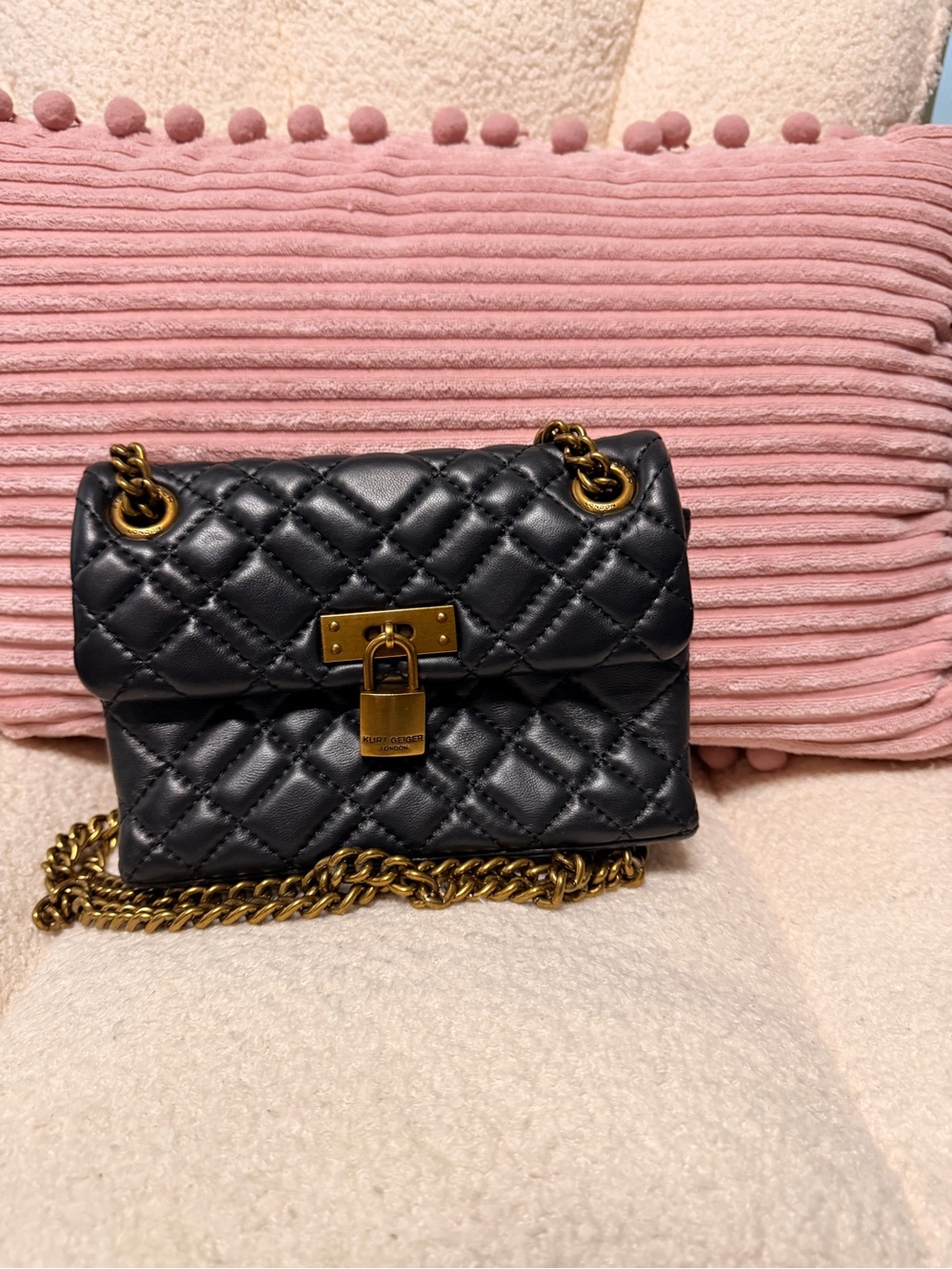Kurt Geiger Black Quilted Leather Crossbody with Gold Chain